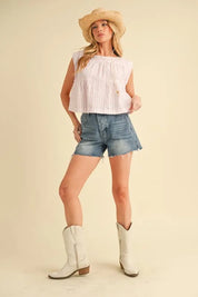 Aemi+Co Ruched Striped Round Neck Sleeveless Top | Tops Daverri Fashions
