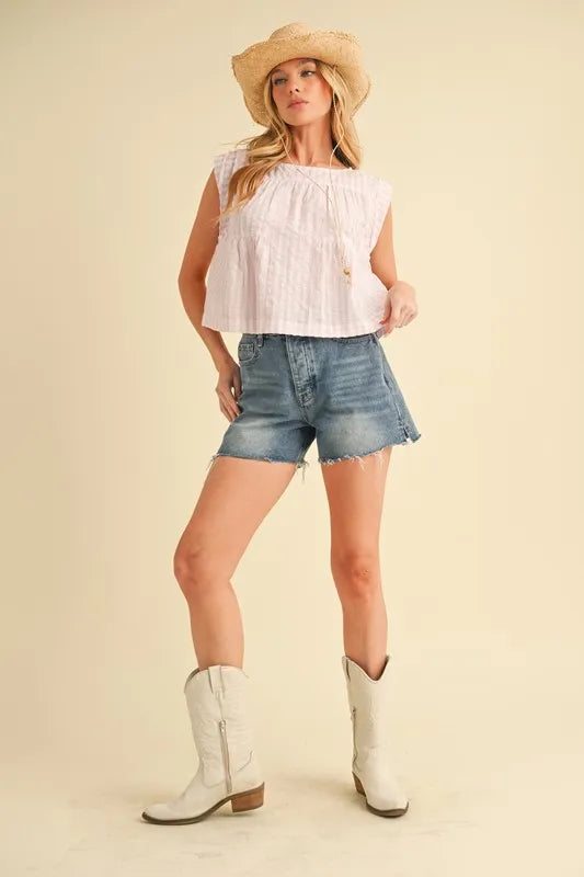 Aemi+Co Ruched Striped Round Neck Sleeveless Top Tops