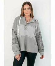 Plus size gray white waffle knit striped drawstring hoodie