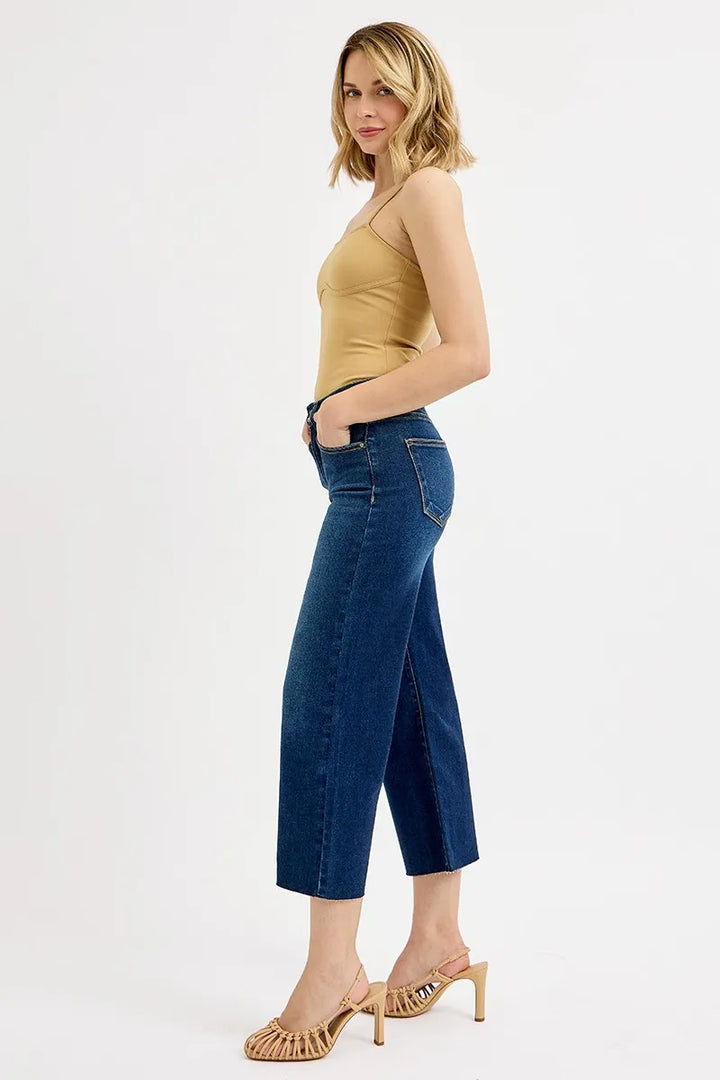 RISEN Full Size Tummy Control High Rise Crop Wide Jeans Plus Size | Jeans Daverri Fashions