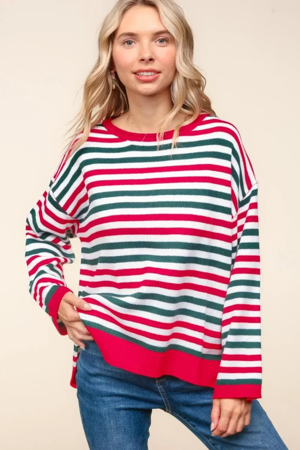 Haptics Full Size Striped Contrast Side Slit Knit Top - DAVERRI FASHIONS