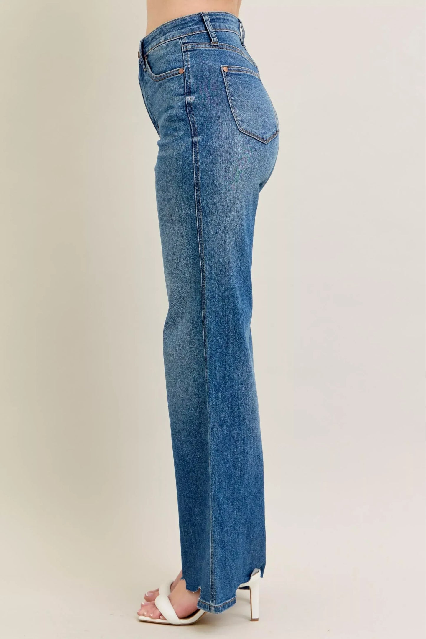 Judy Blue Full Size High Waist Tummy Control Chew Hem Destroy Wide Jeans Plus Size - DAVERRI FASHIONS