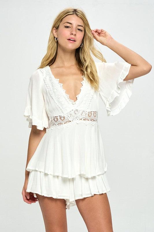 Flutter Sleeved Short Romper with Crochet Trim WHITE Rompers