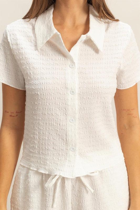 HYFVE Textured Short Sleeve Top and Drawstring Shorts Knit Set | Outfit Sets Daverri Fashions