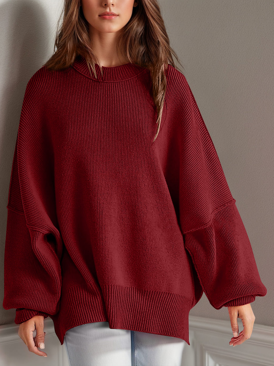 Side Slit Round Neck Long Sleeve Sweater Burgundy Tops