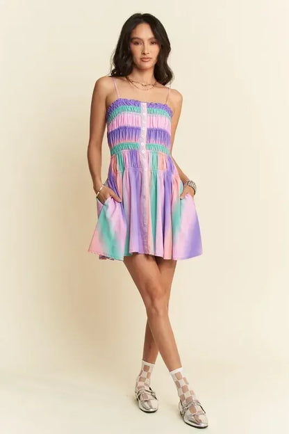 Davi & Dani Multi Color Ombre Printed Bodice Button Up Dress - DAVERRI FASHIONS