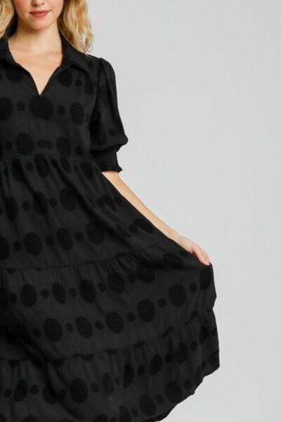 Umgee Full Size Swiss Dot Jacquard Tiered Midi Dress Plus Size Mid Dresses