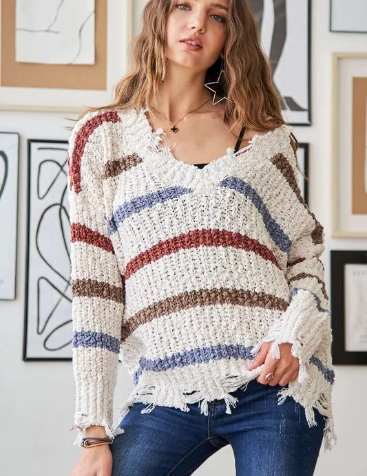 ADORA Frayed Edge Stripe Sweater | Sweaters Daverri Fashions
