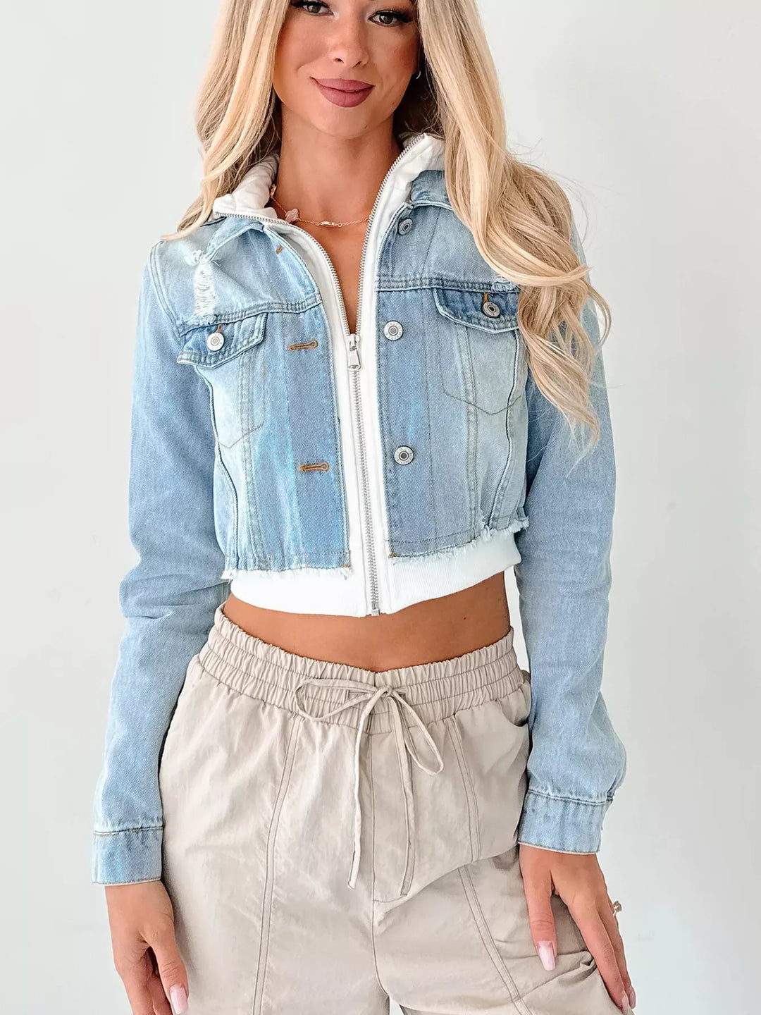 Distressed Zip Up Cropped Hooded Denim Jacket | Denim Jackets Daverri Fashions