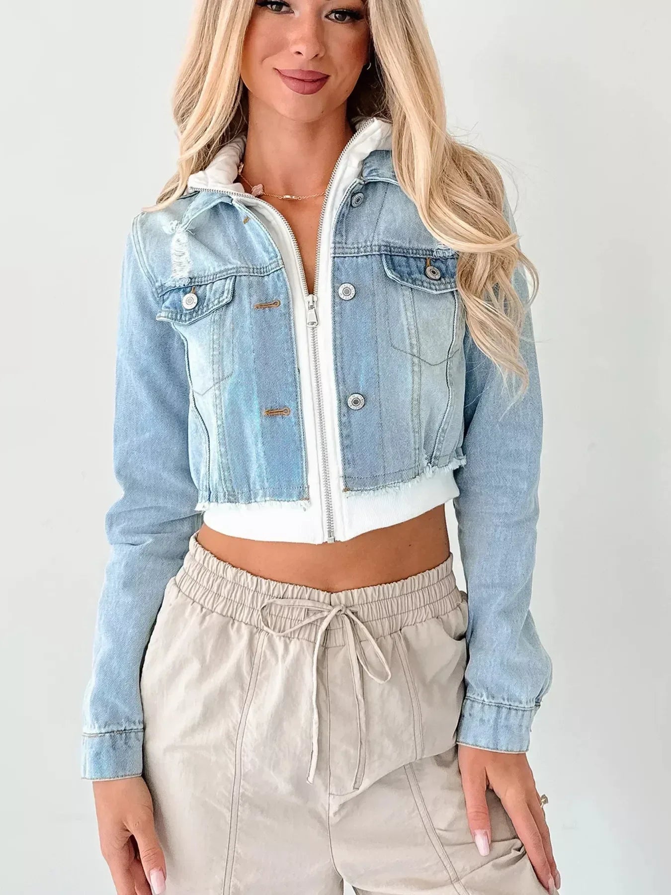 Distressed Zip Up Cropped Hooded Denim Jacket - DAVERRI FASHIONS