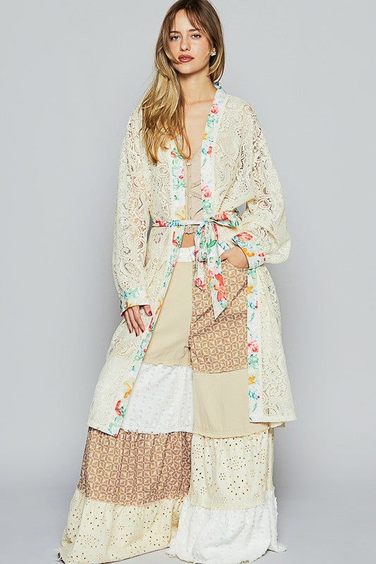 POL Floral Trim Lace Open Front Longline Cardigan NATURAL Cardigans