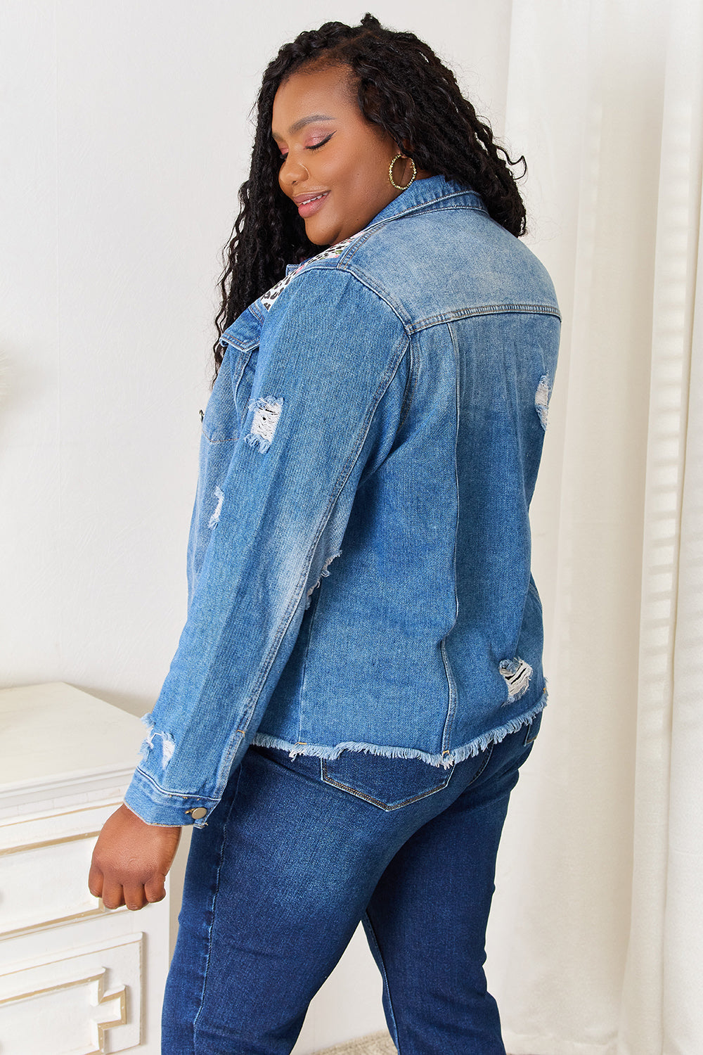 Baeful Leopard Floral Distressed Raw Hem Denim Jacket Jackets