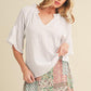 Aemi + Co Side Slit Notched Ruffled Half Sleeve Blouse White Blouses