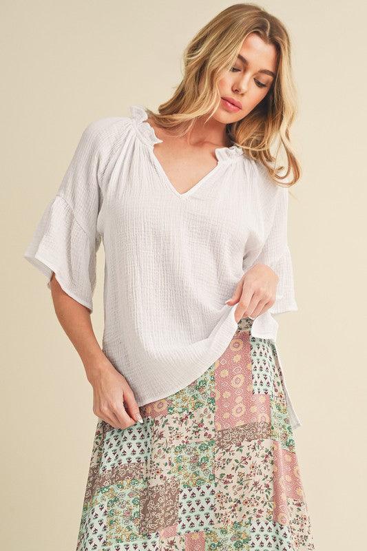 Aemi + Co Side Slit Notched Ruffled Half Sleeve Blouse White Blouses