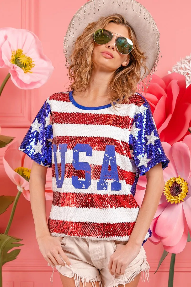 BiBi American Flag Theme USA Lettering Sequin Top Tops