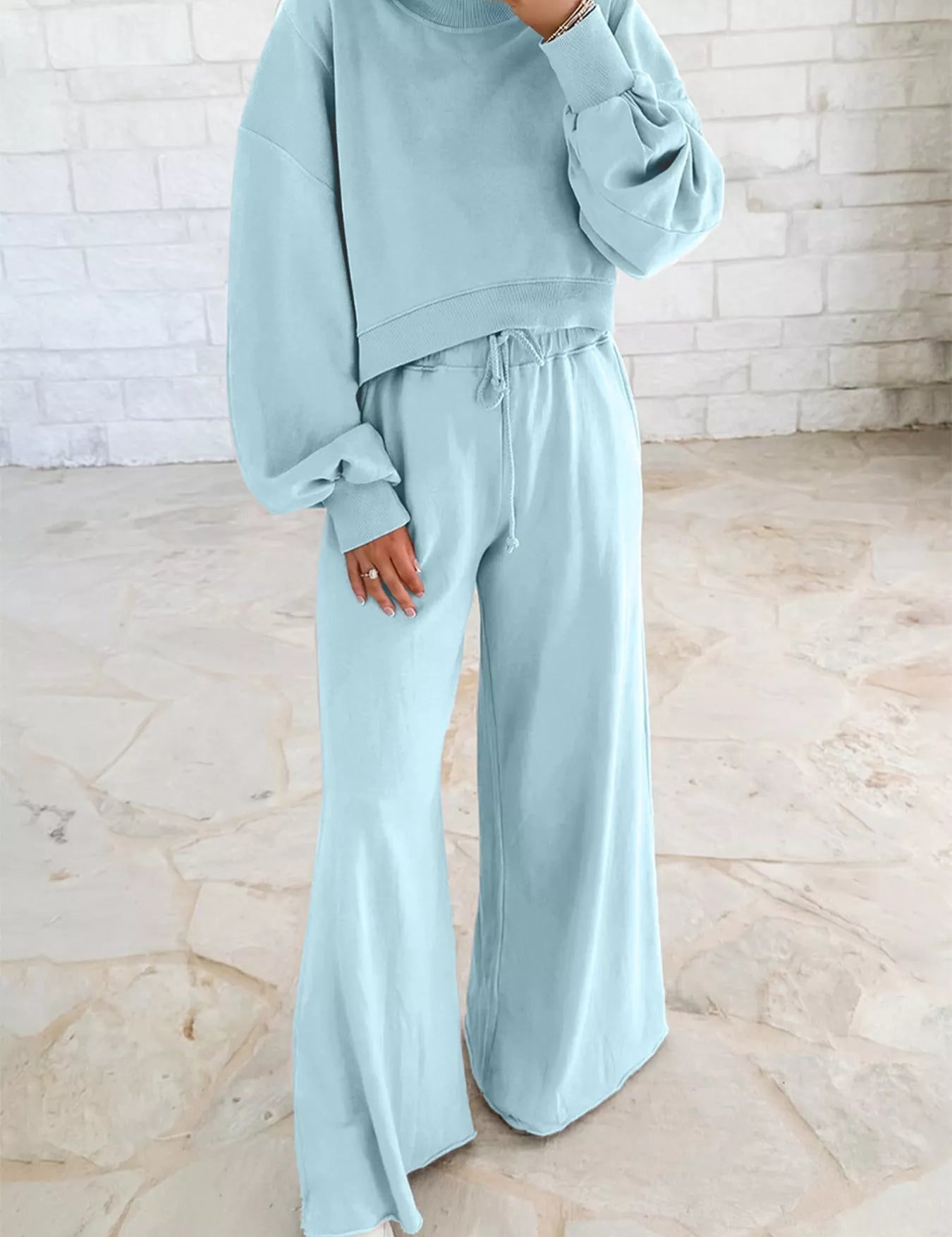 Light Blue Drop Shoulder Puff Sleeve Crop Top and Drawstring Wide Leg Pants Set | Loungewear Sets Daverri Fashions