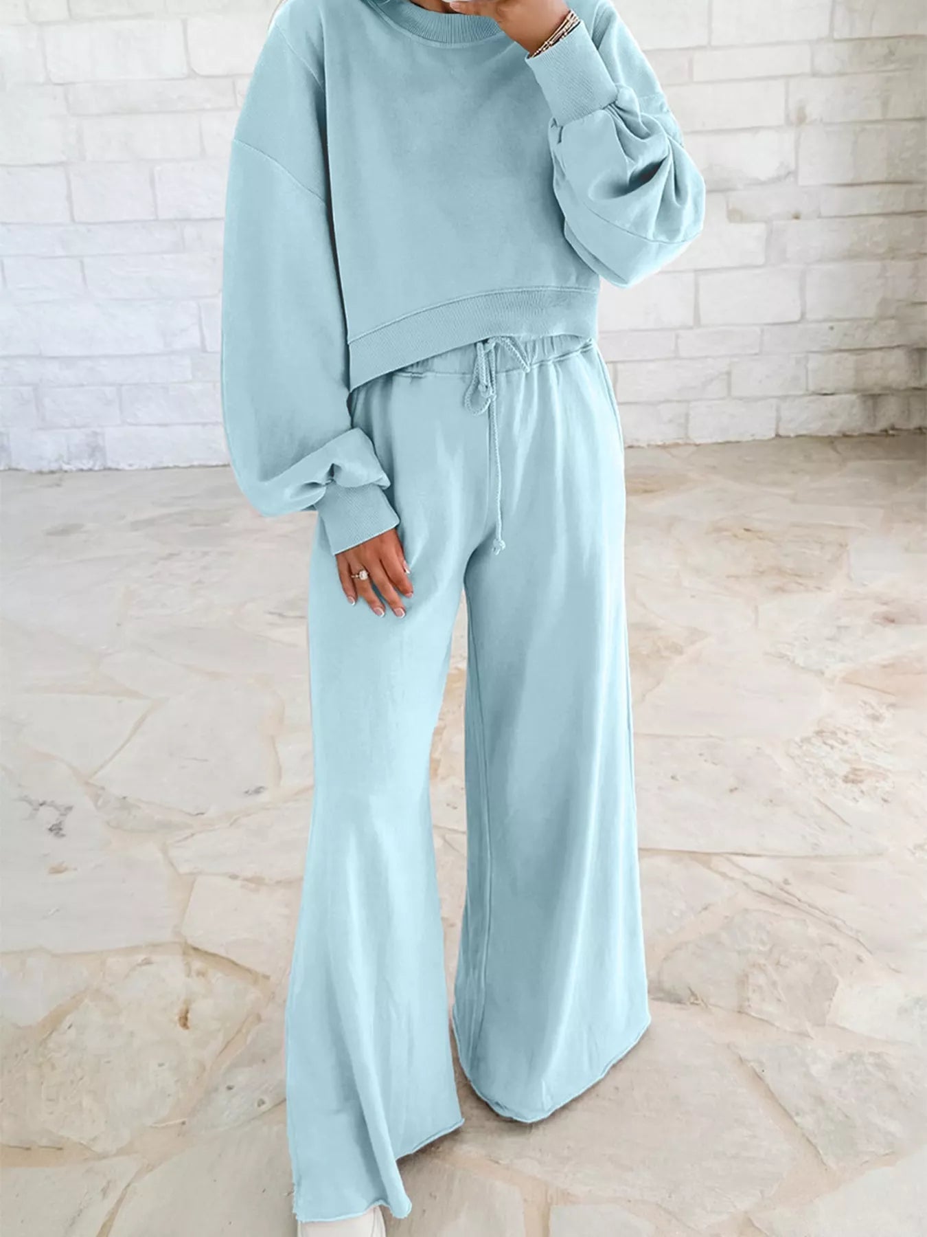 Light Blue Drop Shoulder Puff Sleeve Crop Top and Drawstring Wide Leg Pants Set | Loungewear Sets Daverri Fashions