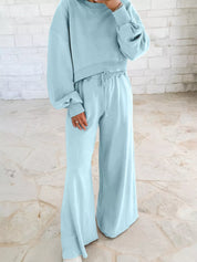 Light Blue Drop Shoulder Puff Sleeve Crop Top and Drawstring Wide Leg Pants Set | Loungewear Sets Daverri Fashions