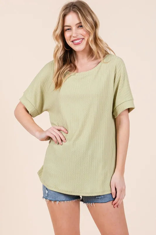 BOMBOM Rib Knit Short Sleeve T-Shirt LIME