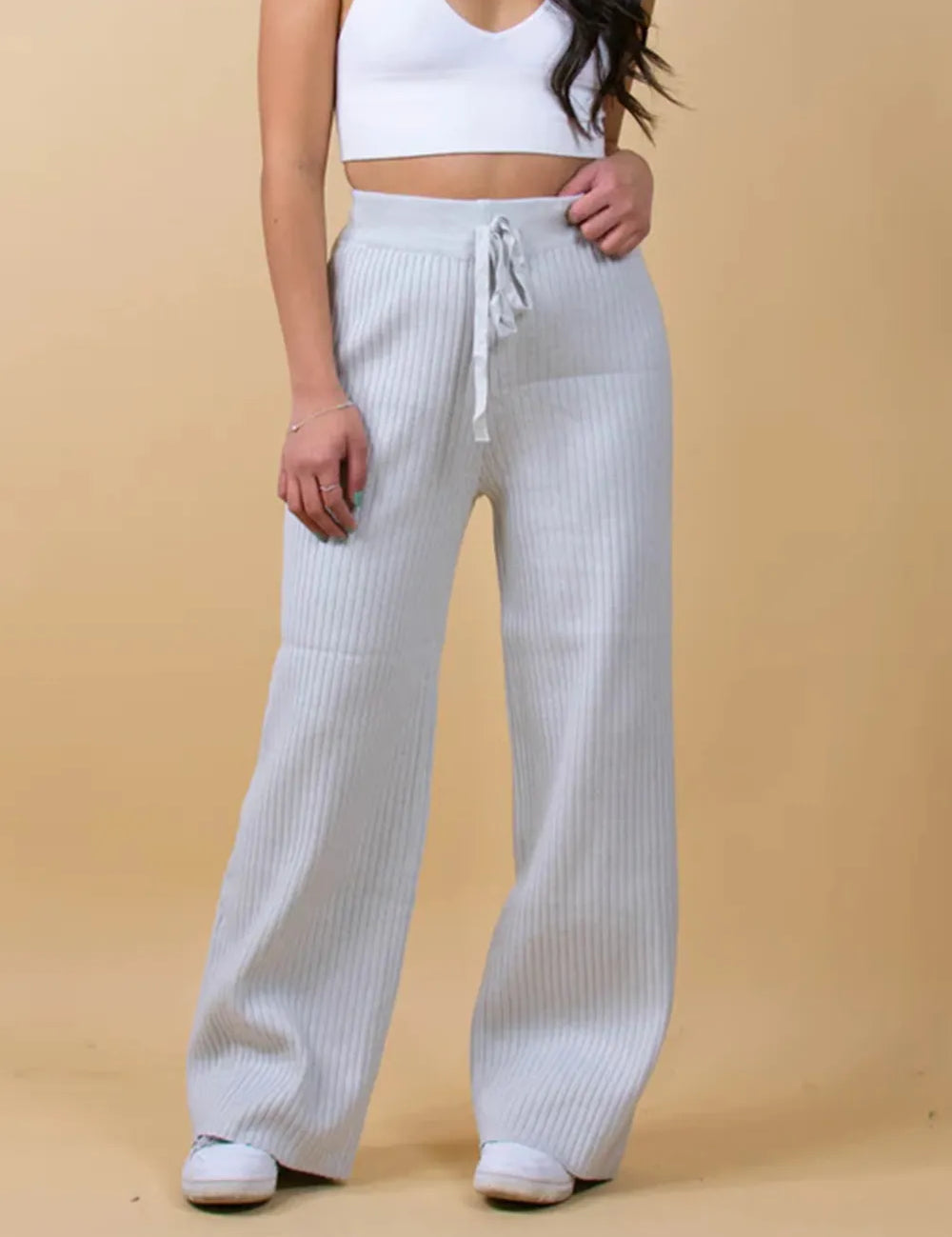 Light Gray Ribbed Wide Leg Sweater Pants | Bottoms Daverri Fashions