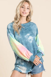 BiBi Tie Dye French Terry Top with rainbow gradient sleeves