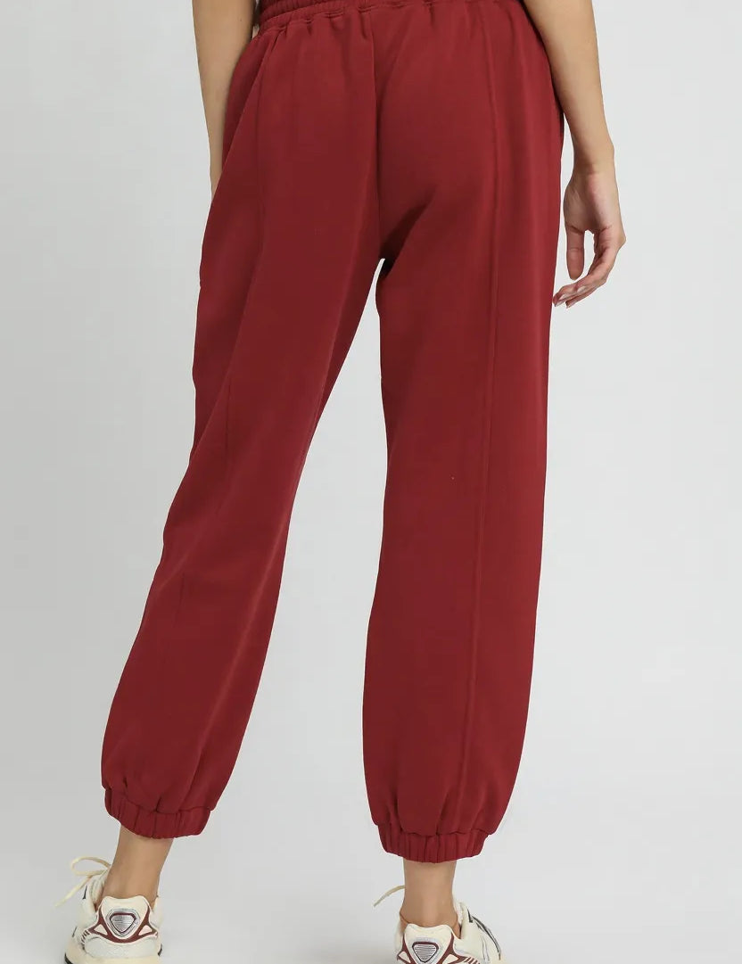 Umgee Fleece Jogger Pants with Drawstring Burgundy | Joggers Daverri Fashions