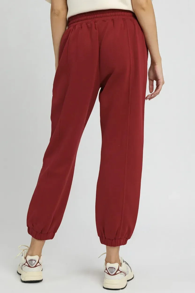Umgee Fleece Jogger Pants with Drawstring Burgundy - DAVERRI FASHIONS