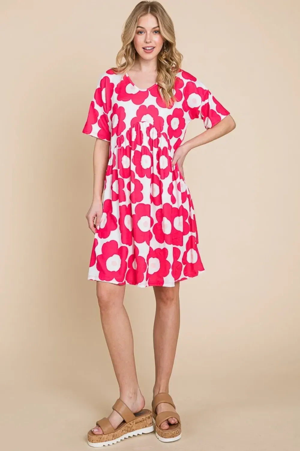 BOMBOM Flower Print Ruched Dress - DAVERRI FASHIONS