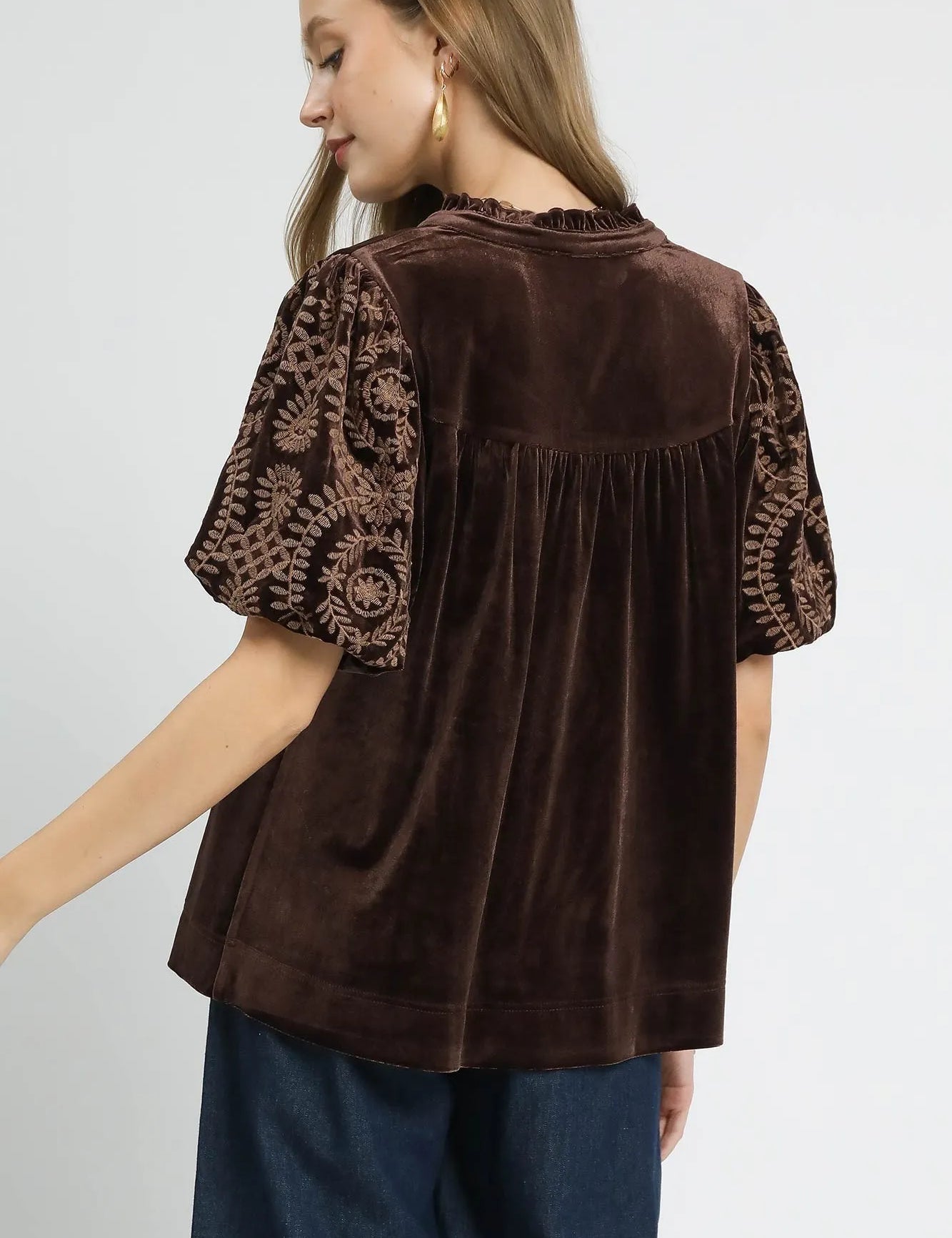 Umgee Full Size Velvet Embroidered Sleeve Blouse Plus Size | Daverri Fashions