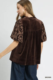 Umgee Full Size Velvet Embroidered Sleeve Blouse Plus Size | Daverri Fashions
