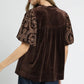 Umgee Full Size Velvet Embroidered Sleeve Blouse Plus Size