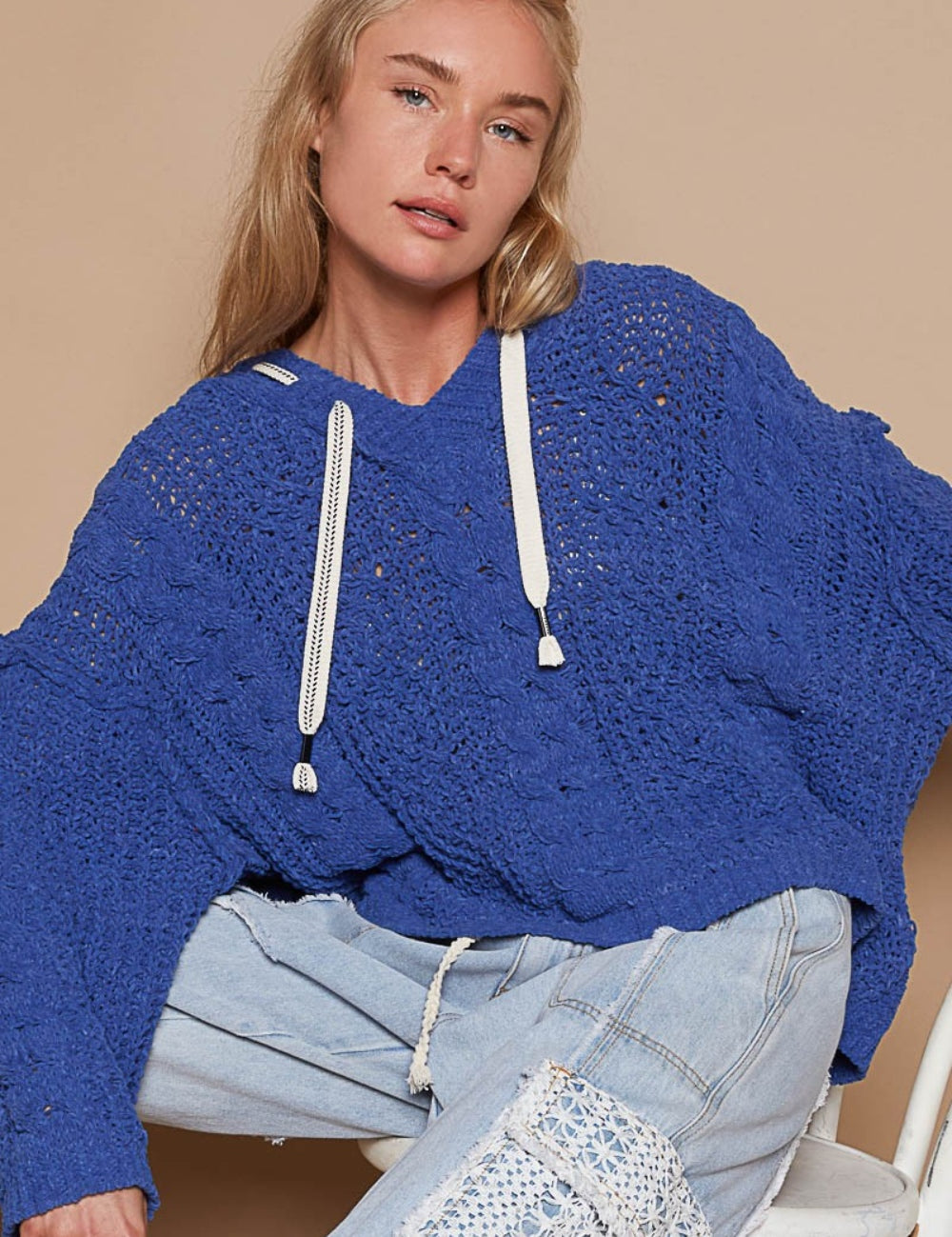 POL Cable Knit Hooded Chenille Sweater Ultramarine S