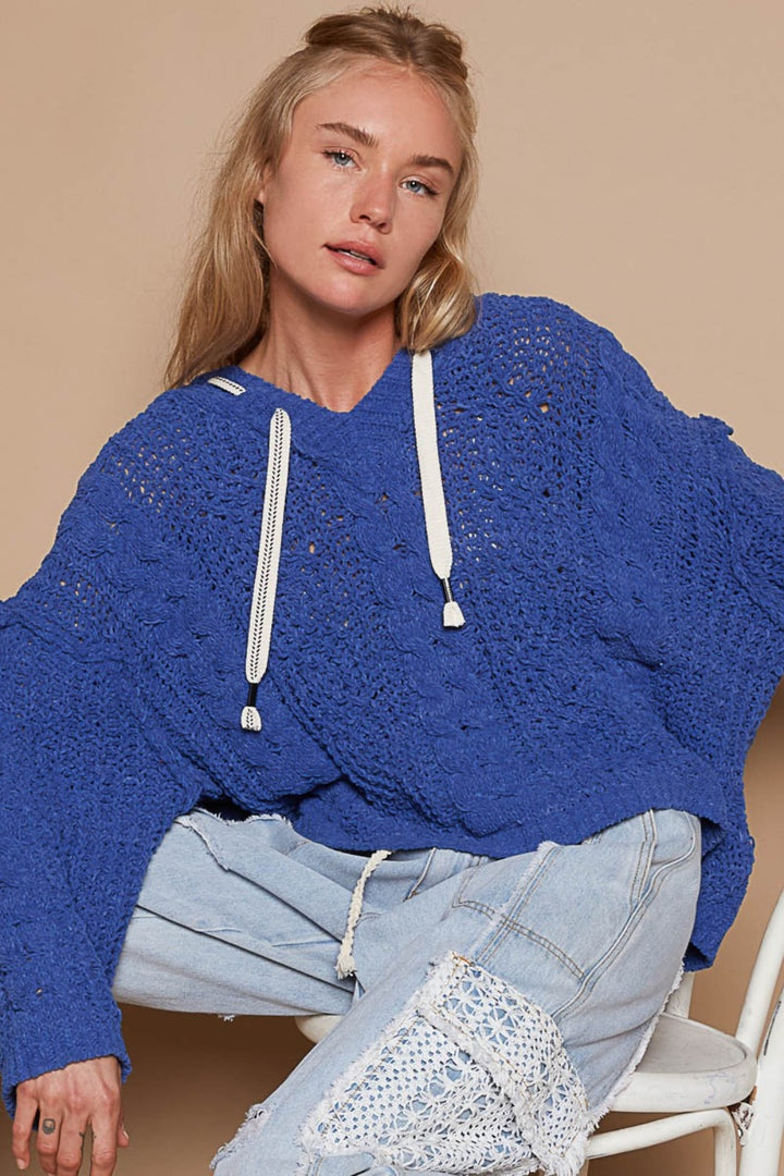 POL Cable Knit Hooded Chenille Sweater Ultramarine S