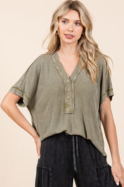 Mittoshop Mineral Wash Henley Short Sleeve Waffle Knit Top OLIVE