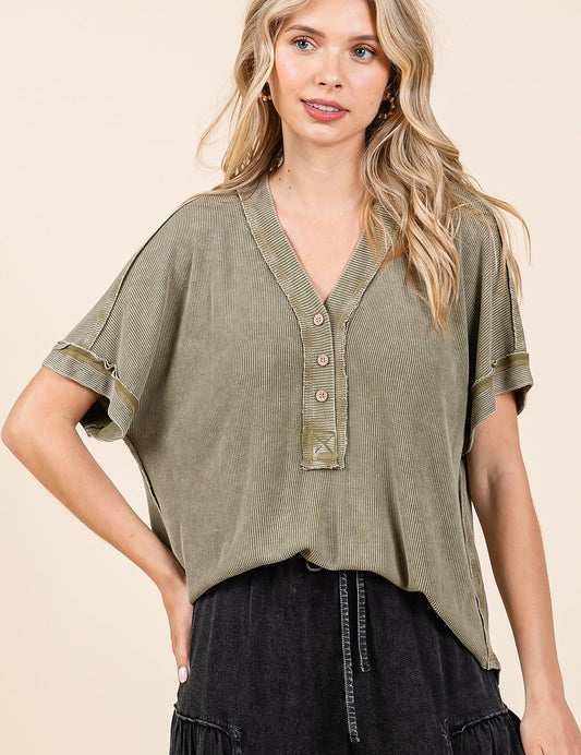 Mittoshop Mineral Wash Henley Short Sleeve Waffle Knit Top OLIVE