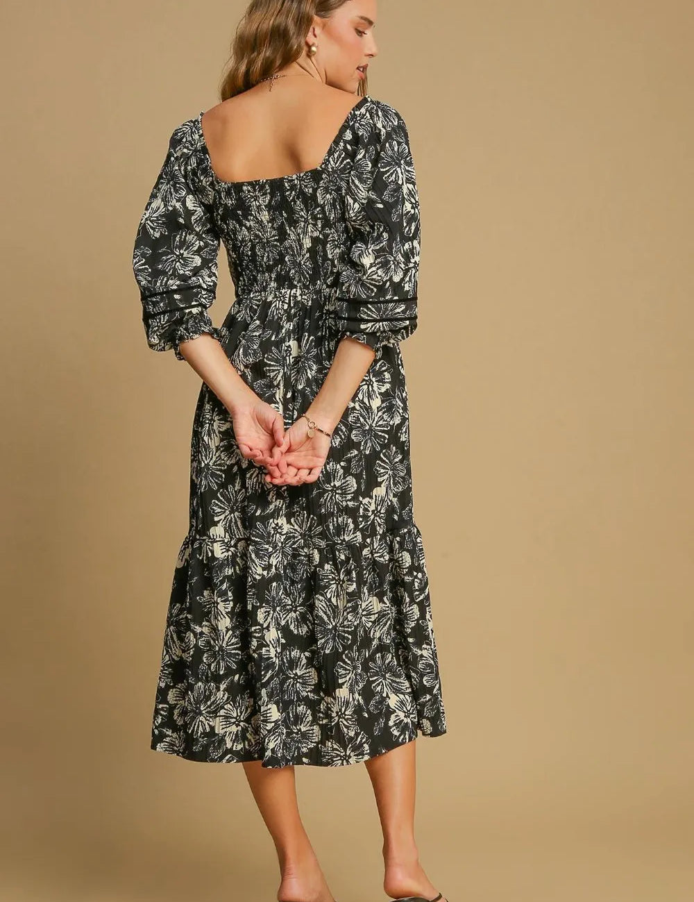 Umgee Ruffle Hem Flower Printed V-Neck Dress | Daverri Fashions