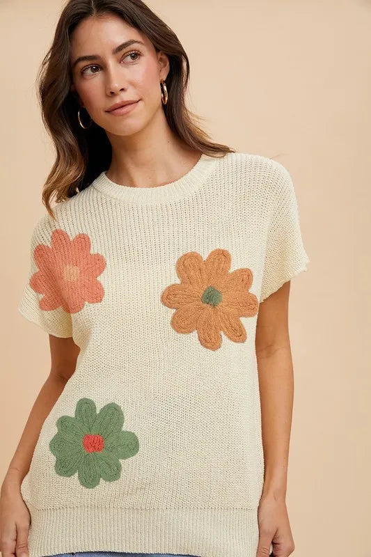 Annie Wear Large Flower Embo Dolman Sleeve Summer Sweater Top CREAM