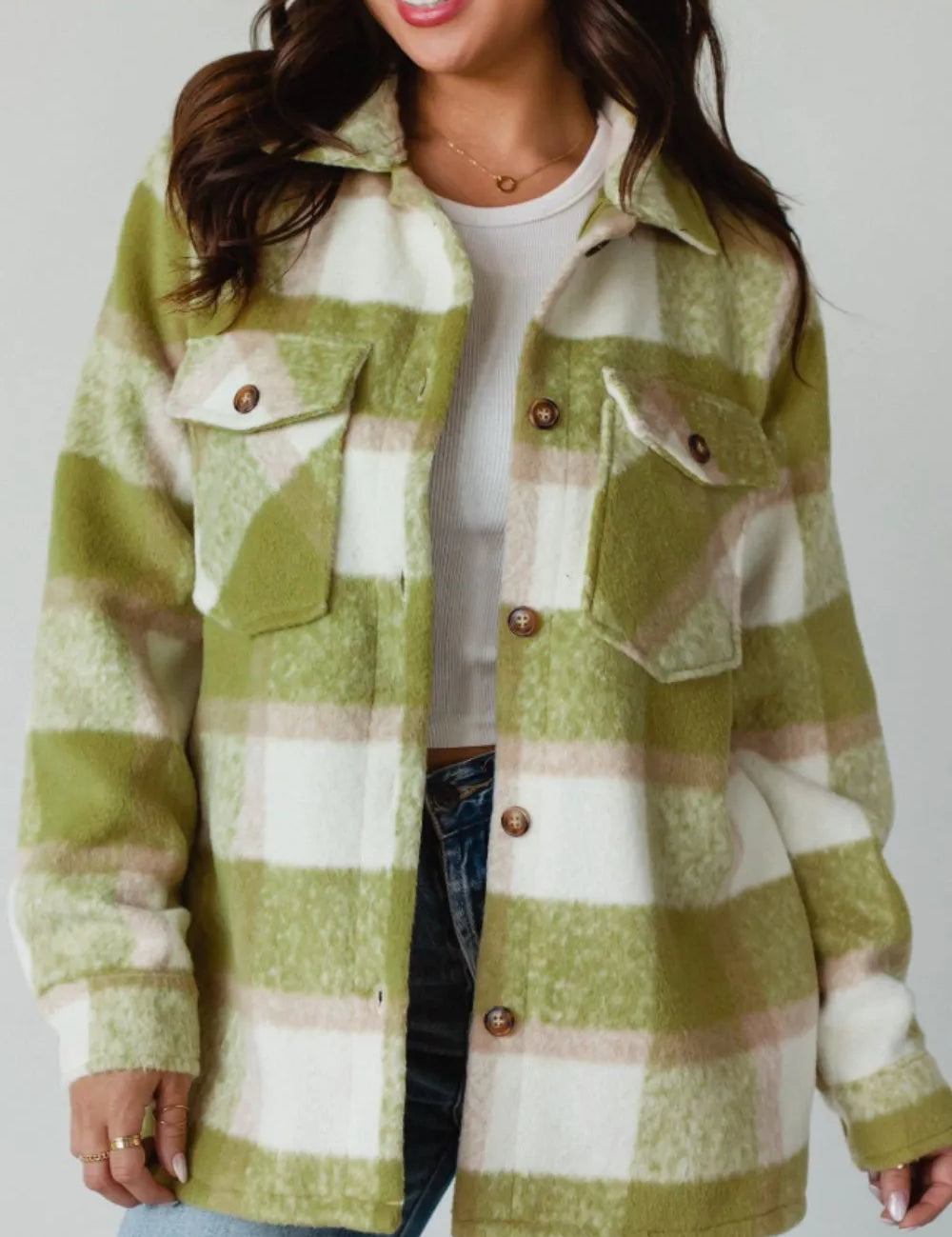 Sage Pocketed Plaid Collared Neck Shacket | Shackets Daverri Fashions
