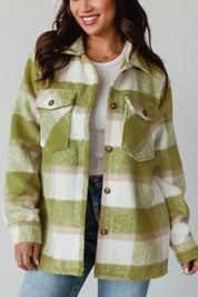 Sage Pocketed Plaid Collared Neck Shacket | Shackets Daverri Fashions