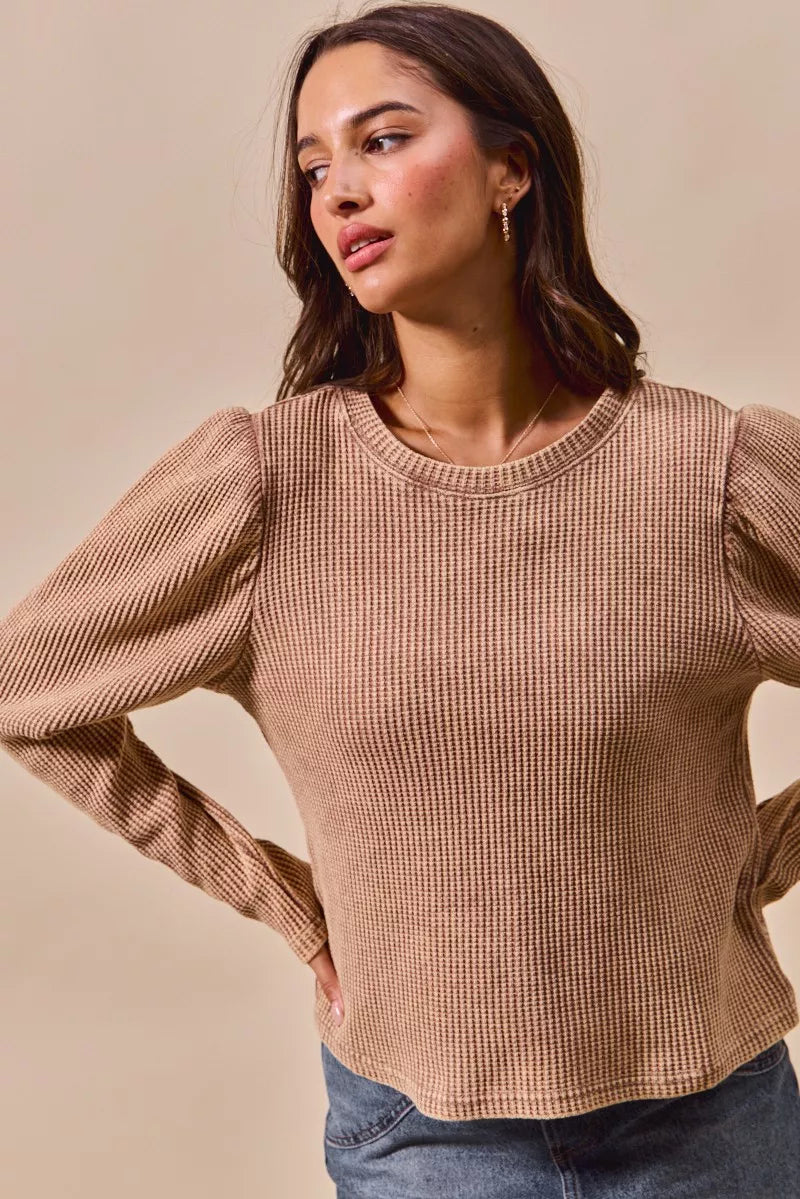 SO ME Mineral Washed Waffle Top With Puff Sleeves | Knit Tops Daverri Fashions