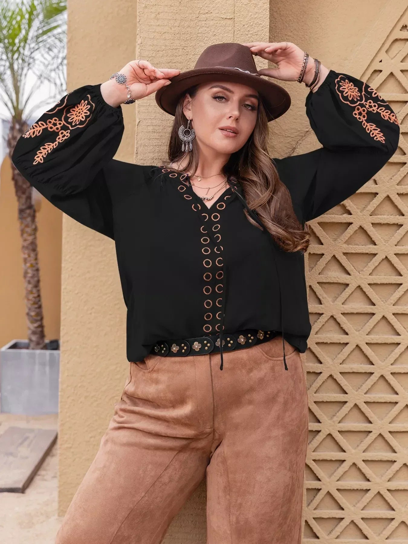 Daverri Fashions Plus Size Boho Embroidered Long Sleeve Blouse - DAVERRI FASHIONS