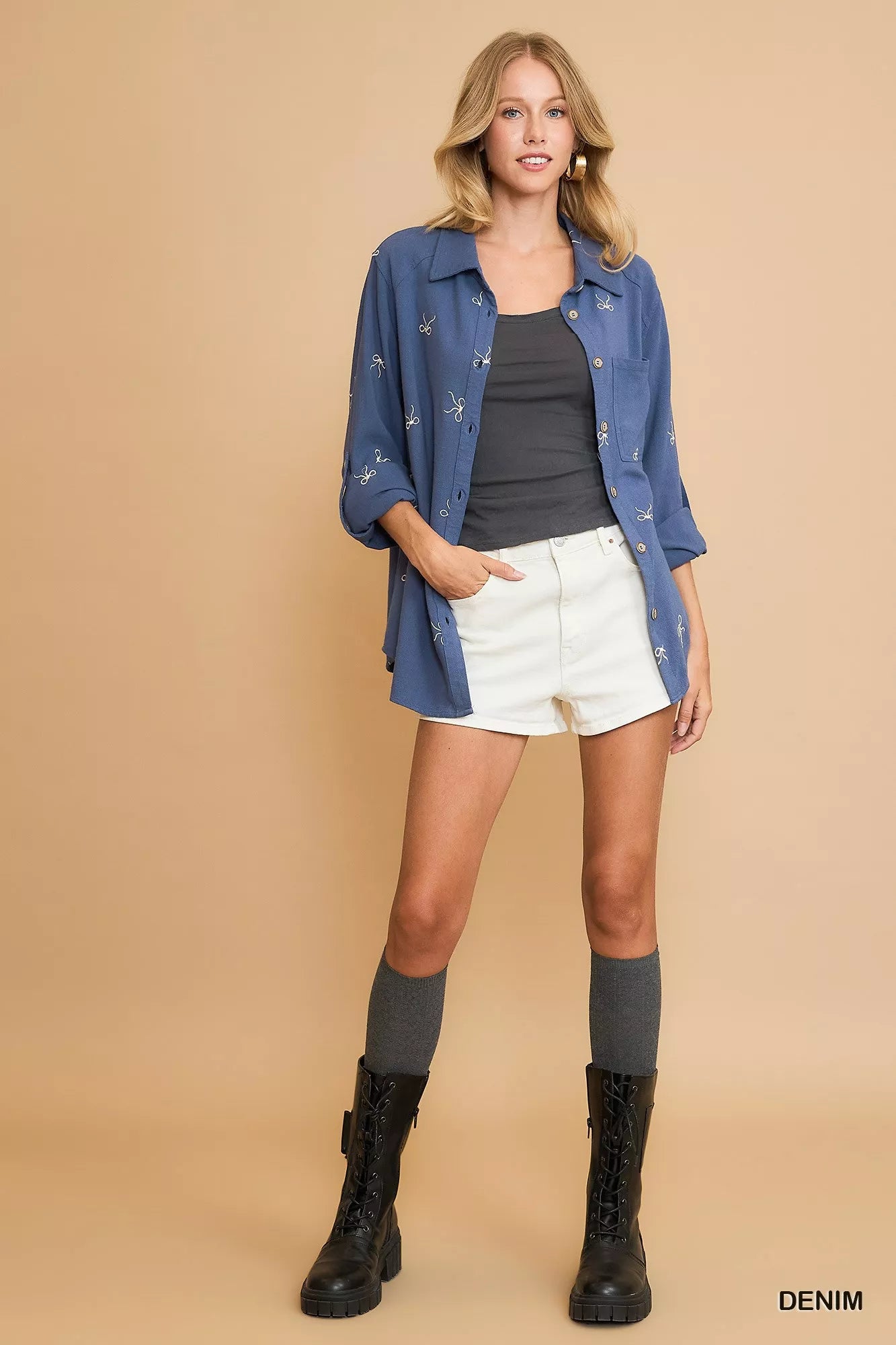 Umgee Linen Blend Fitted Shirt with Ribbon Embroidery Details | Shirts Daverri Fashions
