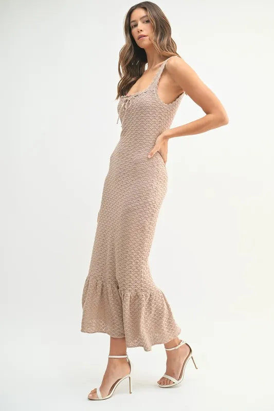MABLE Ruffled Hem Sleeveless Crochet Knit Midi Dress Midi Dresses
