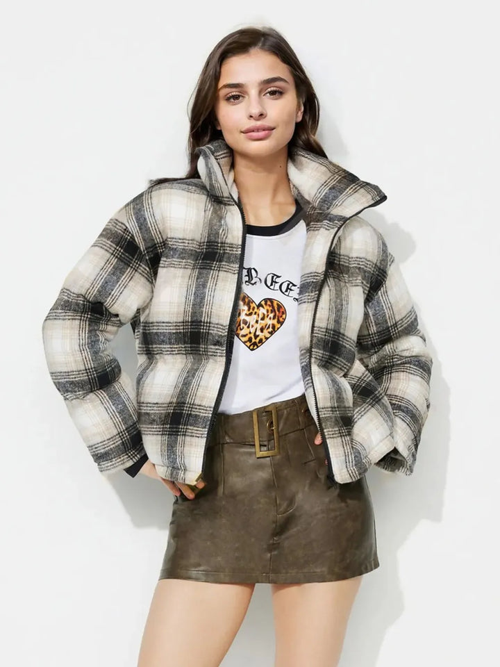 Plaid Zip Up Long Sleeve Jacket | Jackets Daverri Fashions