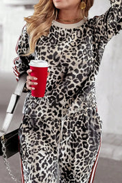Plus Size Leopard Round Neck Top and Pants Set | Loungewear Sets Daverri Fashions