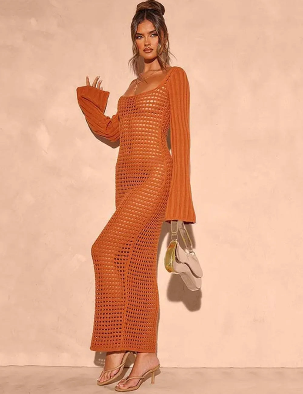 Openwork Square Neck Flare Sleeve Cover-Up Dress | Cover-Ups Daverri Fashions