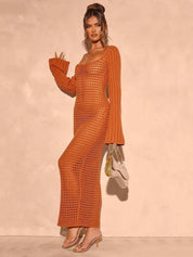 Openwork Square Neck Flare Sleeve Cover-Up Dress | Cover-Ups Daverri Fashions