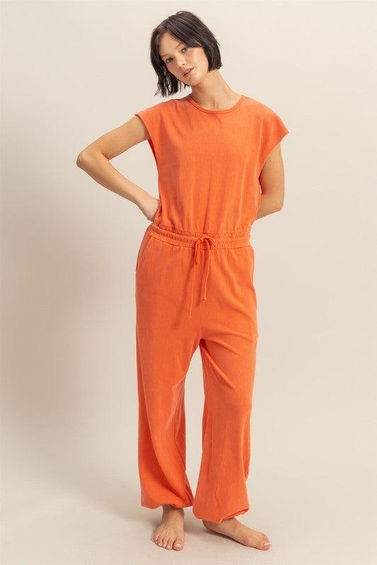 HYFVE Back Keyhole Round Neck Cap Sleeve Drawstring Jumpsuit | Daverri Fashions