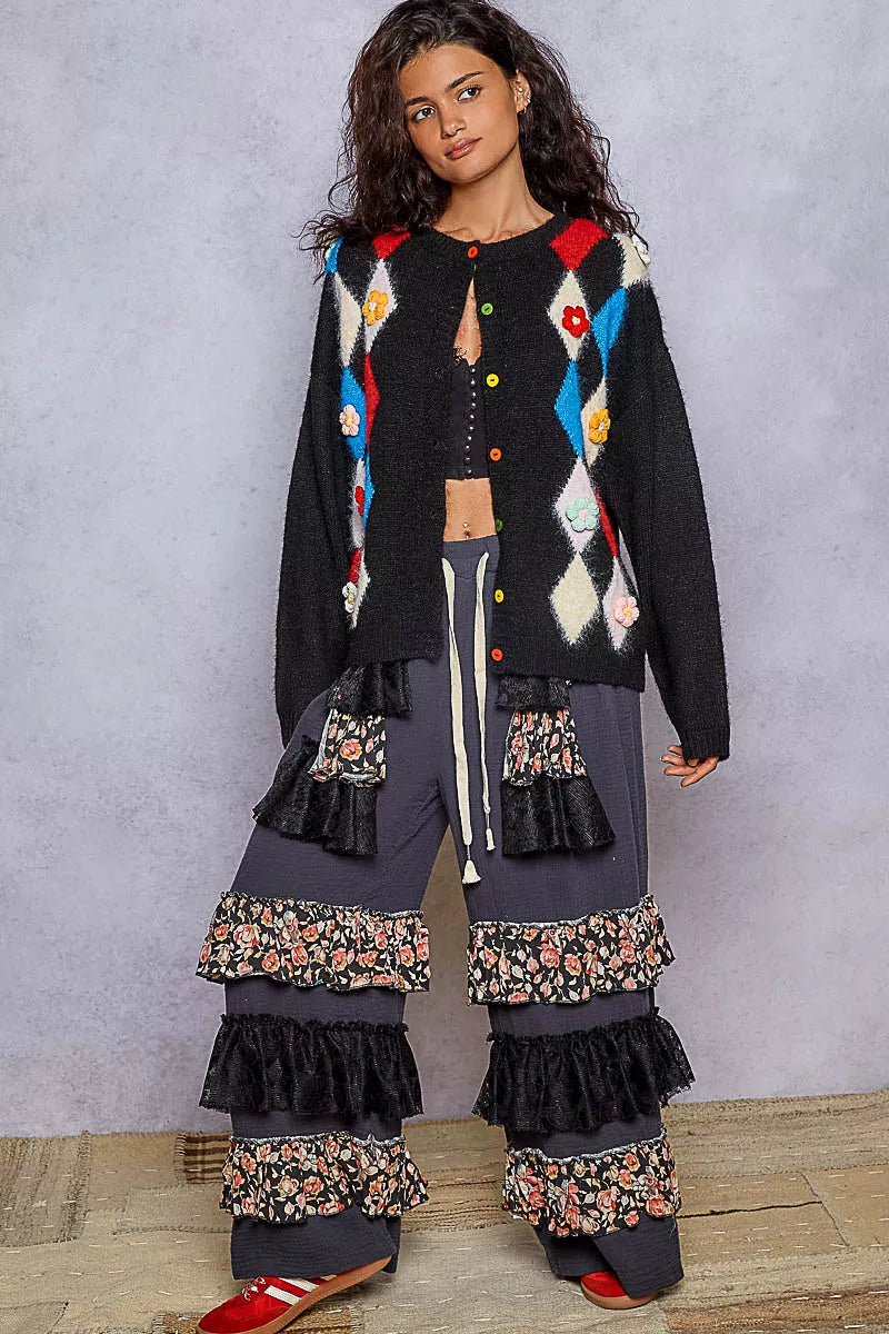 POL Button Down Diamond Pattern Round Neck Cardigan | Cardigans Daverri Fashions