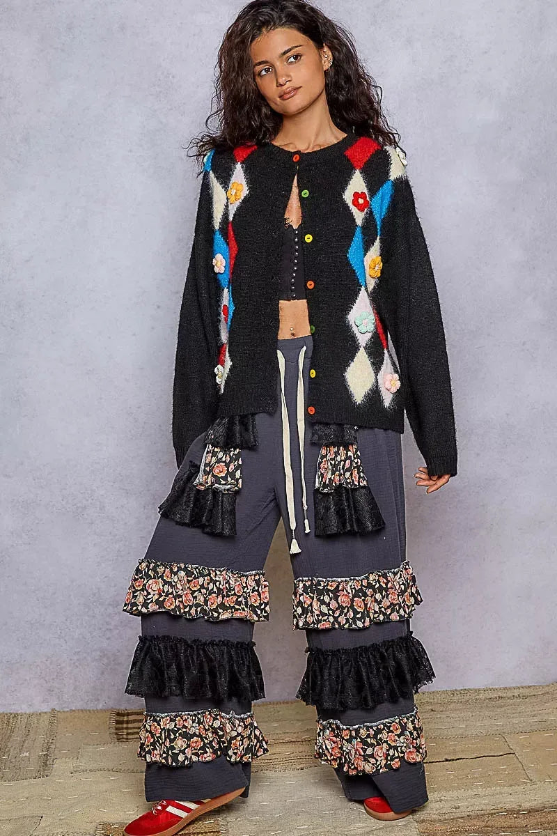 POL Button Down Diamond Pattern Round Neck Cardigan - DAVERRI FASHIONS